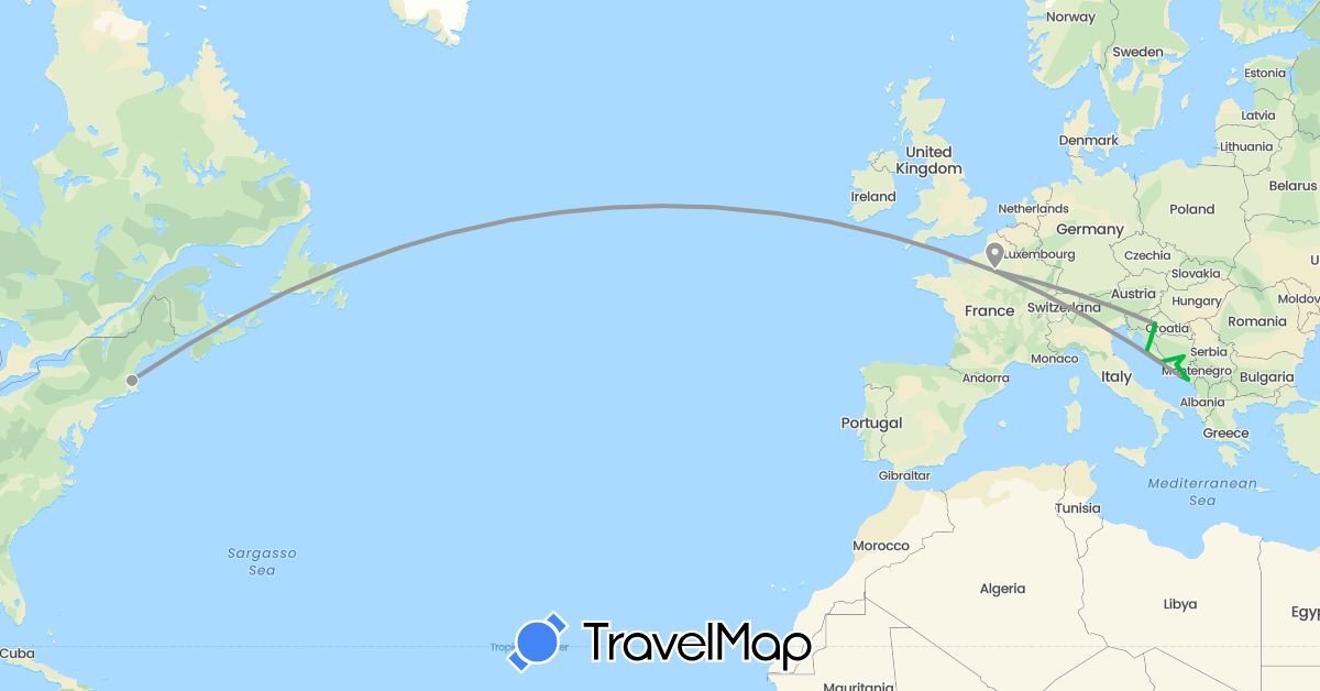 TravelMap itinerary: driving, bus, plane in Bosnia and Herzegovina, France, Croatia, Montenegro, United States (Europe, North America)